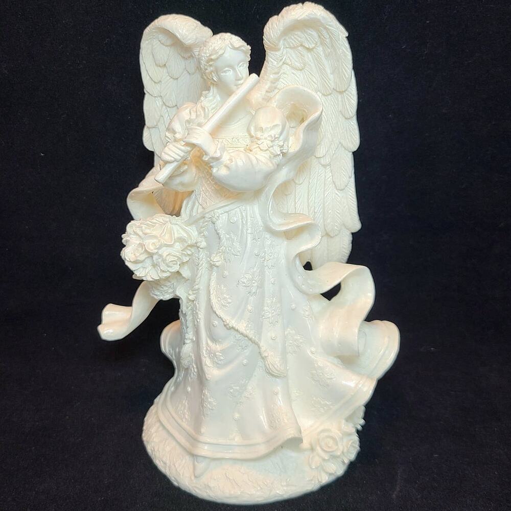 White Angel Figurine Playing Flute Resin Floral Dress Detailed Wings
